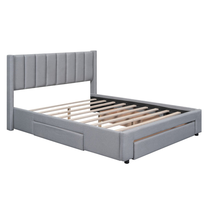 Queen Size Upholstered Platform Bed with One Large Drawer in the Footboard and Drawer on Each Side - Gear Elevation