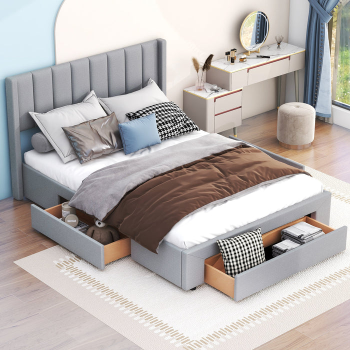 Queen Size Upholstered Platform Bed with One Large Drawer in the Footboard and Drawer on Each Side - Gear Elevation