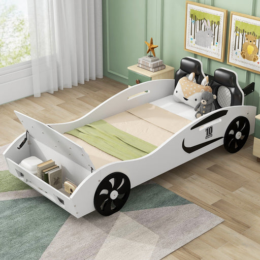 Race Car - Shaped Twin Size Platform Bed with Upholstered Backrest and Storage - Gear Elevation