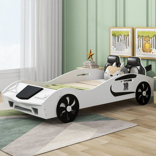 Race Car - Shaped Twin Size Platform Bed with Upholstered Backrest and Storage - Gear Elevation