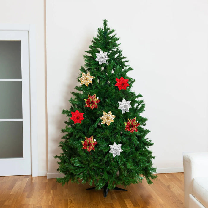 Glittering Artificial Pointsettia Flower Heads – Festive Christmas Tree Ornaments with Charming Berry Accents