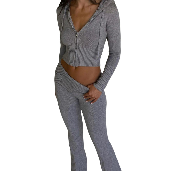 Ribbed Knit Lounge Set for Women – Zip - Up Hoodie & High - Waist Wide - Leg Pants, 2 - Piece Relaxed Loungewear Ensemble - Gear Elevation