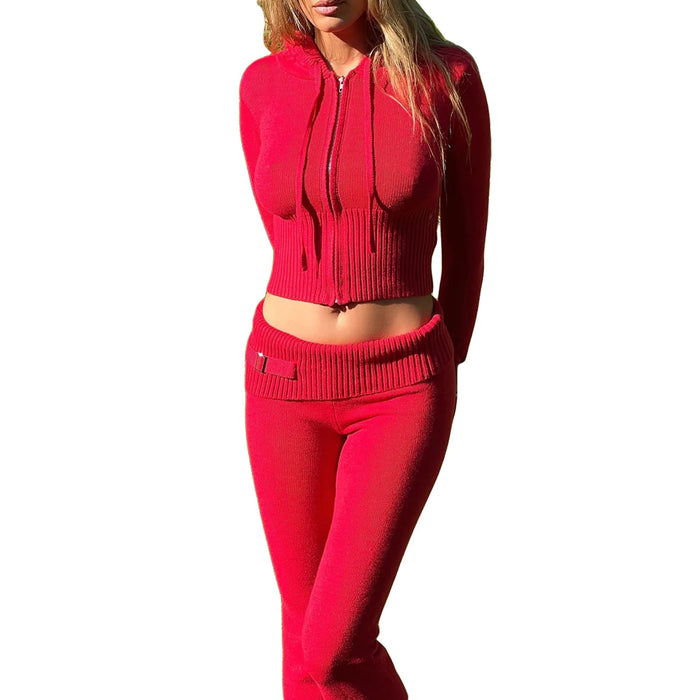 Ribbed Knit Lounge Set for Women – Zip - Up Hoodie & High - Waist Wide - Leg Pants, 2 - Piece Relaxed Loungewear Ensemble - Gear Elevation