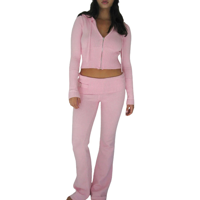 Ribbed Knit Lounge Set for Women – Zip - Up Hoodie & High - Waist Wide - Leg Pants, 2 - Piece Relaxed Loungewear Ensemble - Gear Elevation