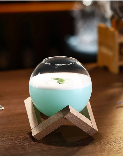 Round Glass Ball Cup with Wooden Frame – Unique Cocktail, Juice, or Wine Glass for Stylish Sipping & Ice Ball Elegance - Gear Elevation