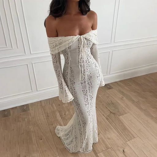 Shoulder Bodycon Lace Fishtail Dress – Sexy Off - Shoulder Backless Gown with Flare Sleeves for Chic Parties - Gear Elevation