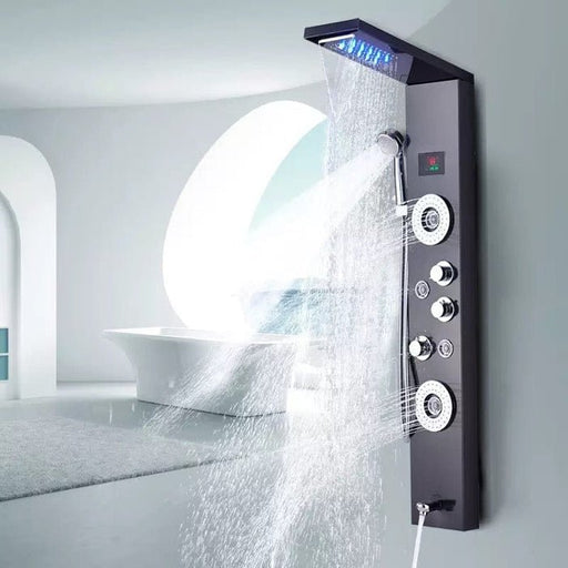 Shower Panel Tower Massage System - LED Waterfall Shower Water Top Spray Temperature Display Faucet - Gear Elevation