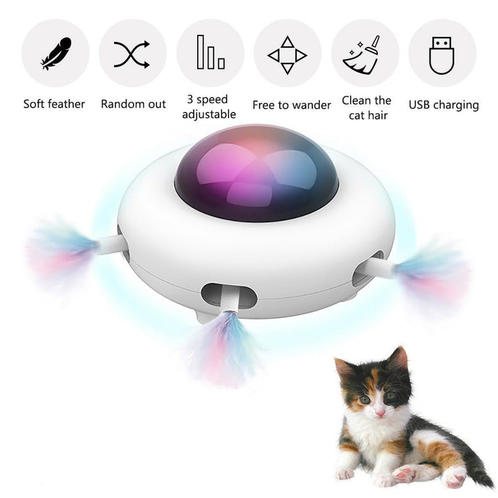 Smart UFO Interactive Cat Toy - Indoor Rotating Feather Electronic Toy with Smart Auto Shut - Off, Random Movement, and USB Charging - Gear Elevation