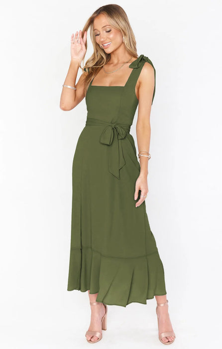 Spring/Summer Chiffon A - Line Strap Dress – Elegant Solid Color Ankle - Length Evening Bodycon Dress with Square Neck - Gear Elevation