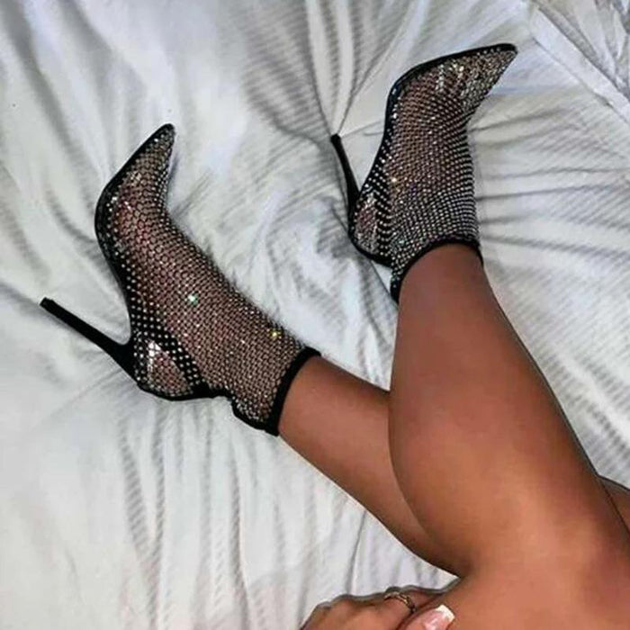 Summer Sparkle Rhinestone Mesh Pointed - Toe Sandals – Dazzling Stiletto High Heels for the Glamorous Woman, Perfect for Elevating Your Style! - Gear Elevation