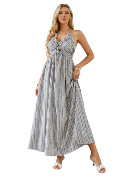 Summer U - Neck Bohemian Halter Maxi Dress – High Waist, Pleated, Backless Boho Style with Lace - Up Detailing - Gear Elevation