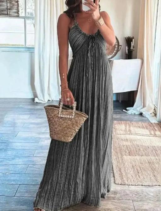 Summer U - Neck Bohemian Halter Maxi Dress – High Waist, Pleated, Backless Boho Style with Lace - Up Detailing - Gear Elevation