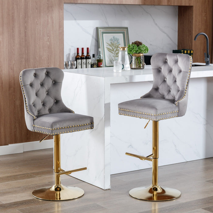 Thick Gold Rotating Velvet Bar Stool with Adjustable Seat Height of 25 - 33 inches and Backrest (Gray, set of 2 pieces) - Gear Elevation