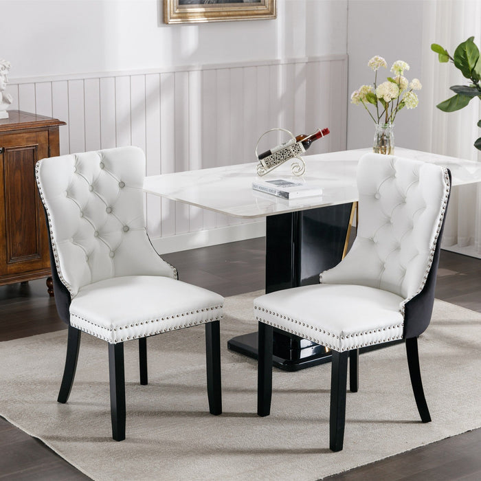 Tufted Solid Wood PU and Velvet Cushioned Dining Chairs with Wooden Leg Nail Head Decoration 2 - piece set in (White and Black) - Gear Elevation