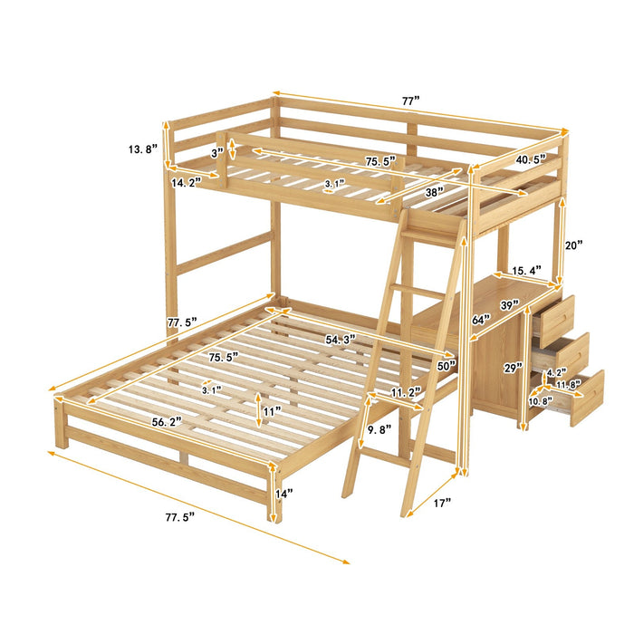 Twin over Full Bunk Bed with Built - in Desk and Three Drawers - Gear Elevation