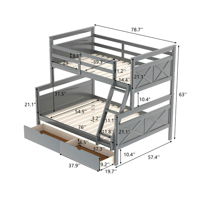 Twin over Full Bunk Bed with Ladder, Two Storage Drawers, and Safety Guardrail - Gear Elevation