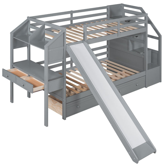 Twin over Twin Bunk Bed with Storage Staircase, Slide and Drawers, Desk with Drawers and Shelves - Gear Elevation