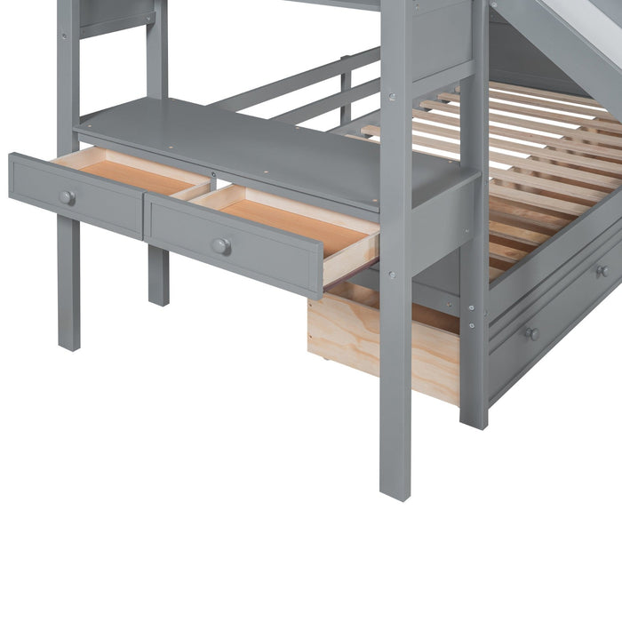 Twin over Twin Bunk Bed with Storage Staircase, Slide and Drawers, Desk with Drawers and Shelves - Gear Elevation