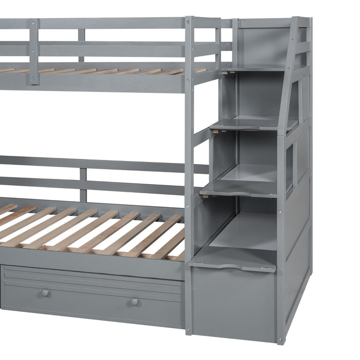 Twin over Twin Bunk Bed with Storage Staircase, Slide and Drawers, Desk with Drawers and Shelves - Gear Elevation