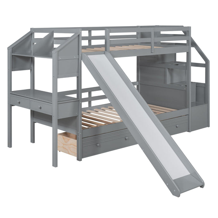 Twin over Twin Bunk Bed with Storage Staircase, Slide and Drawers, Desk with Drawers and Shelves - Gear Elevation