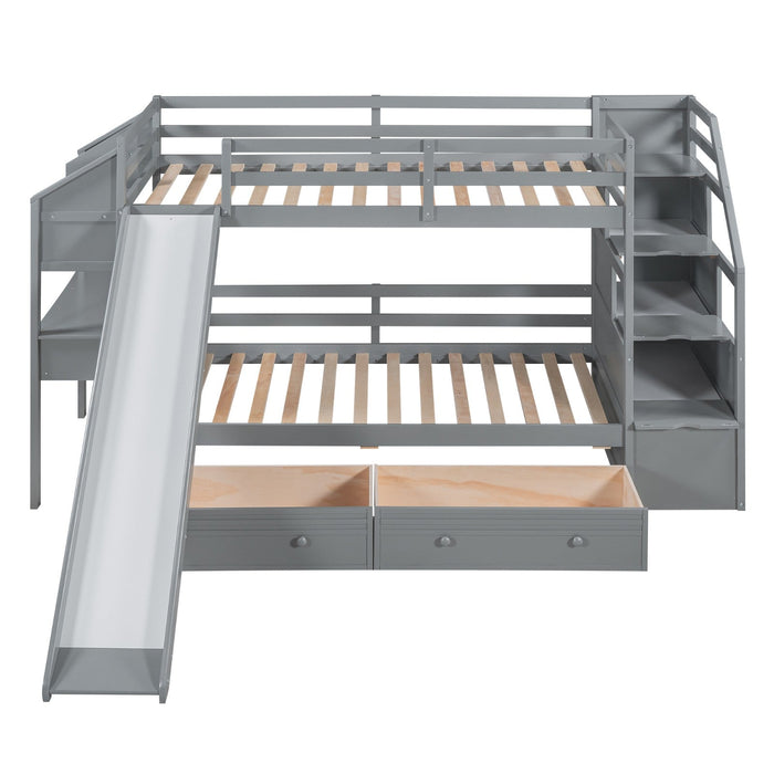 Twin over Twin Bunk Bed with Storage Staircase, Slide and Drawers, Desk with Drawers and Shelves - Gear Elevation