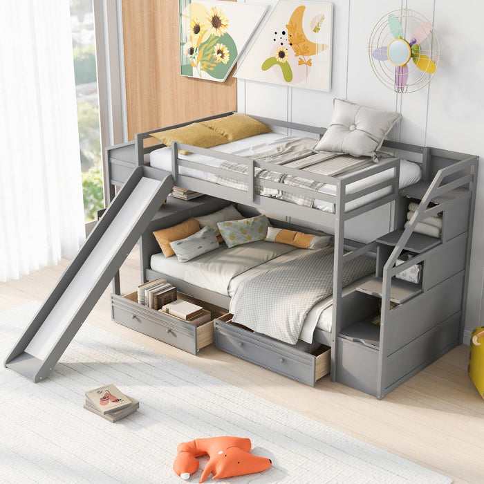 Twin over Twin Bunk Bed with Storage Staircase, Slide and Drawers, Desk with Drawers and Shelves - Gear Elevation