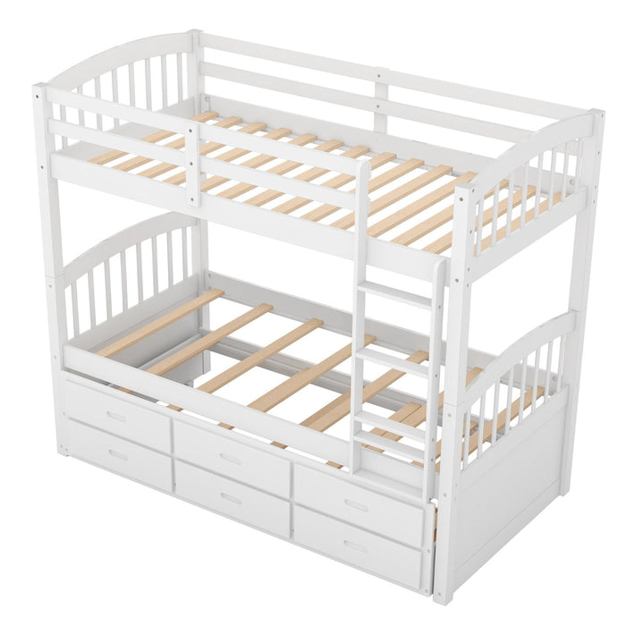 Twin over Twin Wood Bunk Bed with Trundle and Drawers - Gear Elevation