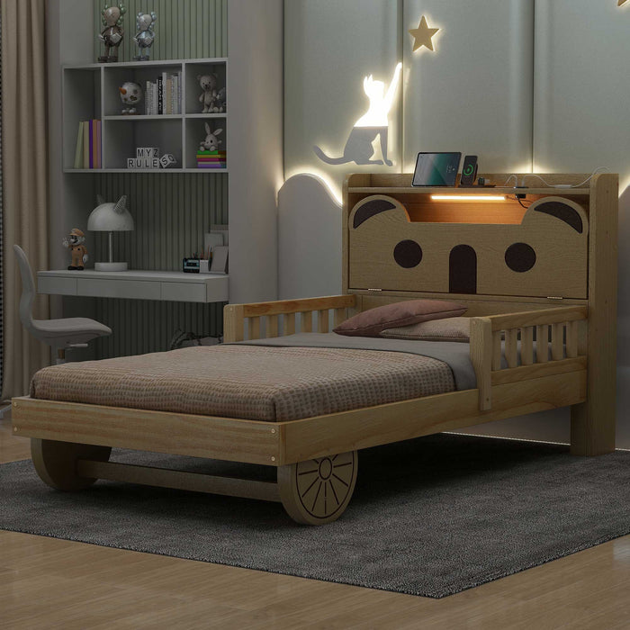 Twin Size Car Bed with Bear - Shaped Headboard, USB, and LED - Gear Elevation