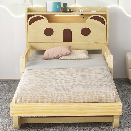 Twin Size Car Bed with Bear - Shaped Headboard, USB, and LED - Gear Elevation