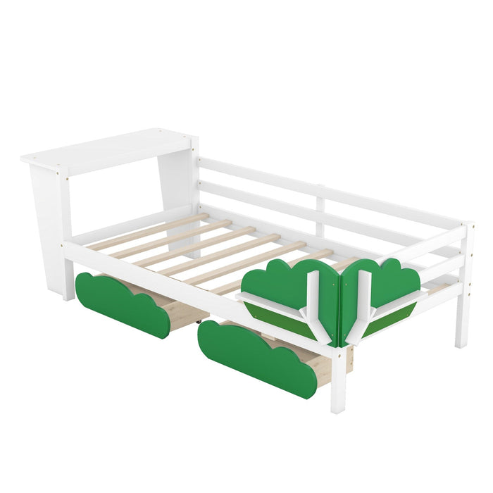 Twin Size Daybed with Desk, Green Leaf Shape Drawers, and Shelves - Gear Elevation