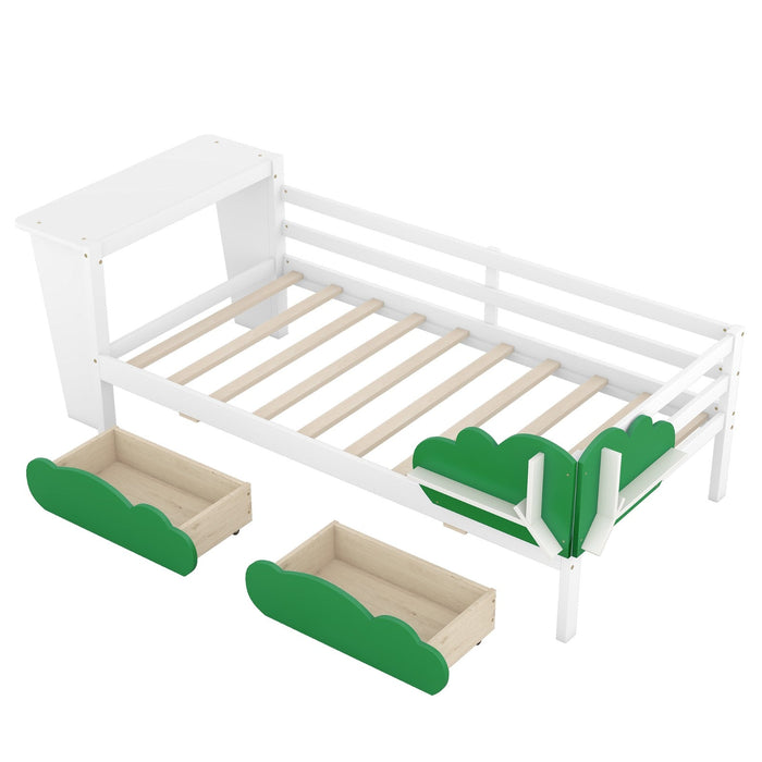 Twin Size Daybed with Desk, Green Leaf Shape Drawers, and Shelves - Gear Elevation