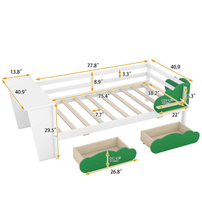 Twin Size Daybed with Desk, Green Leaf Shape Drawers, and Shelves - Gear Elevation