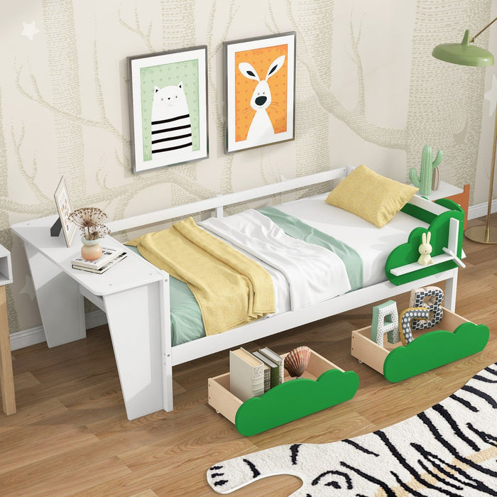 Twin Size Daybed with Desk, Green Leaf Shape Drawers, and Shelves - Gear Elevation