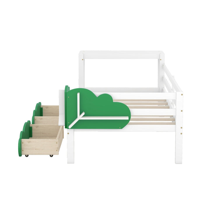 Twin Size Daybed with Desk, Green Leaf Shape Drawers, and Shelves - Gear Elevation