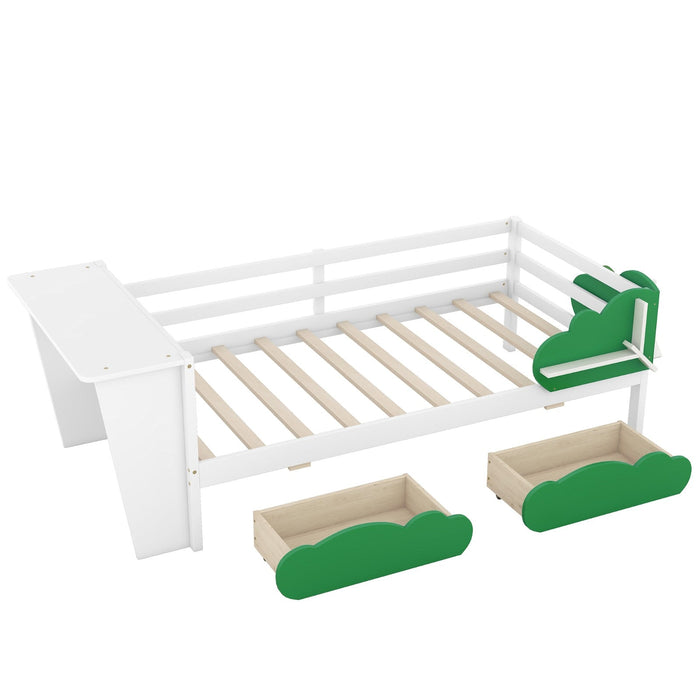 Twin Size Daybed with Desk, Green Leaf Shape Drawers, and Shelves - Gear Elevation