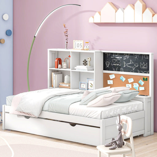 Twin Size Daybed with Storage Shelves, Blackboard, Cork board, USB Ports and Twin Size Trundle - Gear Elevation