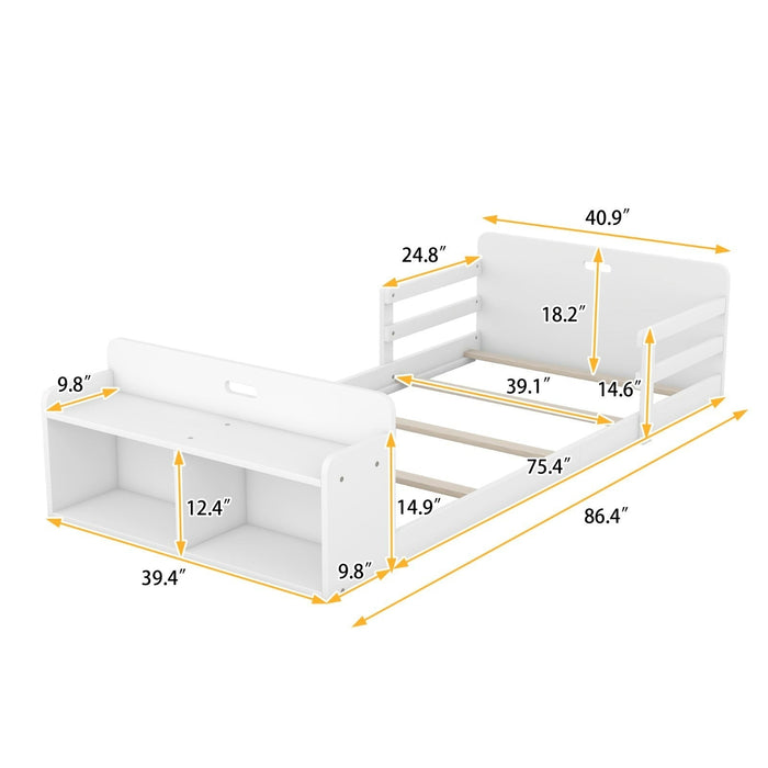 Twin Size Floor Bed with Storage Footboard and Guardrail - Gear Elevation