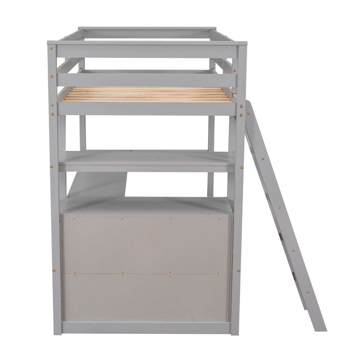 Twin Size Loft Bed with Desk and Shelves, Two Built - in Drawers - Gear Elevation