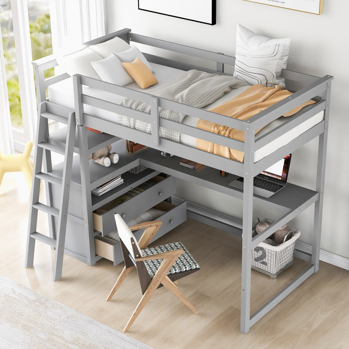 Twin Size Loft Bed with Desk and Shelves, Two Built - in Drawers - Gear Elevation