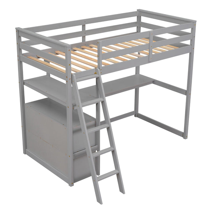 Twin Size Loft Bed with Desk and Shelves, Two Built - in Drawers - Gear Elevation