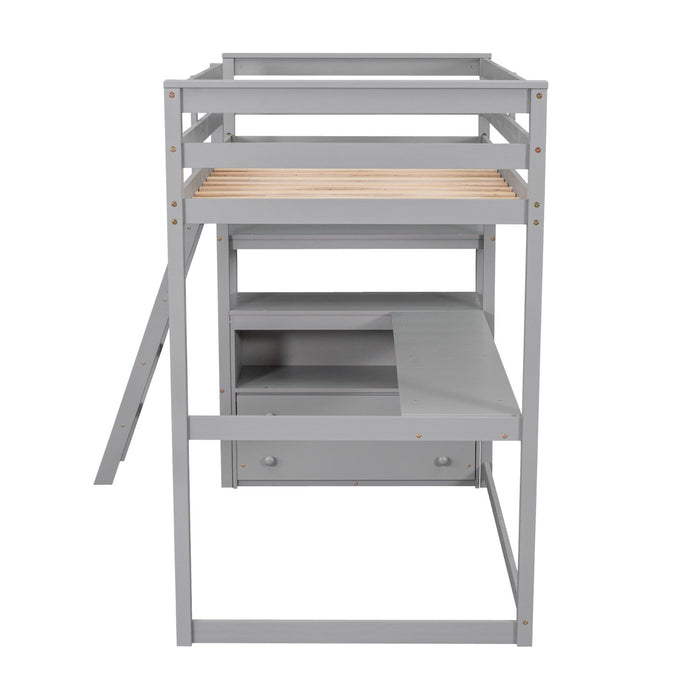 Twin Size Loft Bed with Desk and Shelves, Two Built - in Drawers - Gear Elevation