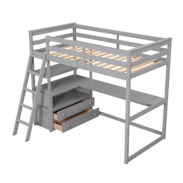 Twin Size Loft Bed with Desk and Shelves, Two Built - in Drawers - Gear Elevation