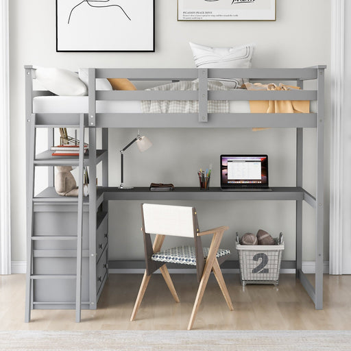 Twin Size Loft Bed with Desk and Shelves, Two Built - in Drawers - Gear Elevation