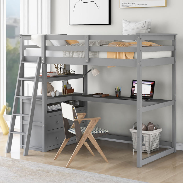 Twin Size Loft Bed with Desk and Shelves, Two Built - in Drawers - Gear Elevation