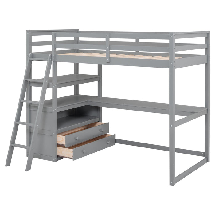 Twin - Size Loft Bed with Desk and Shelves, Two Built - in Drawers - Gear Elevation