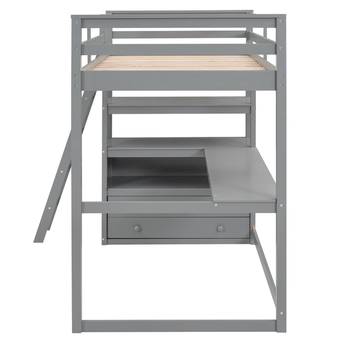 Twin - Size Loft Bed with Desk and Shelves, Two Built - in Drawers - Gear Elevation