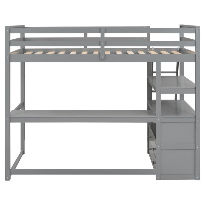 Twin - Size Loft Bed with Desk and Shelves, Two Built - in Drawers - Gear Elevation