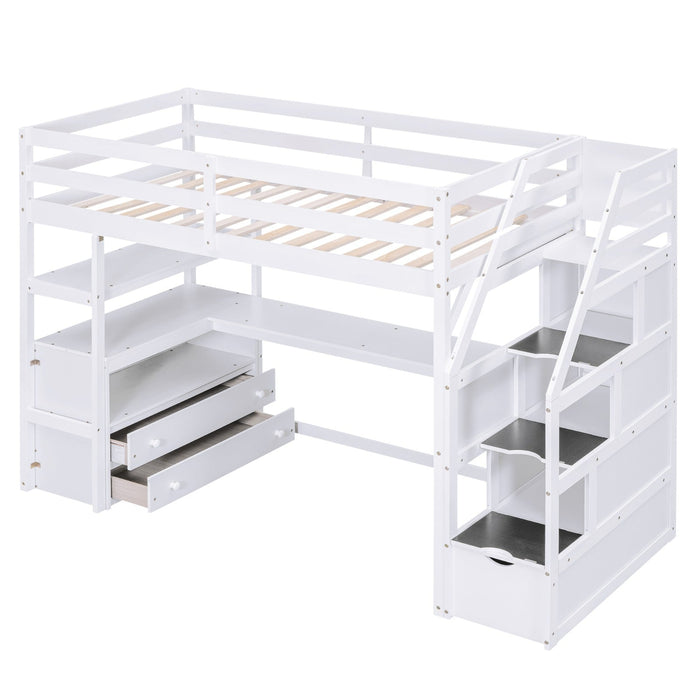 Twin Size Loft Bed with Desk and Shelves Two Built - in Drawers Storage Staircase - Gear Elevation
