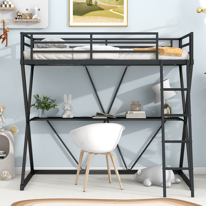 Twin Size Loft Bed with Desk, Ladder, and Full - Length Guardrails, X - Shaped Frame - Gear Elevation