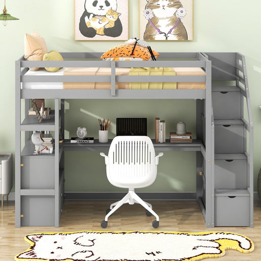 Twin Size Loft Bed with Desk, Shelves, Two Built - in Drawers, and Storage Staircase - Gear Elevation
